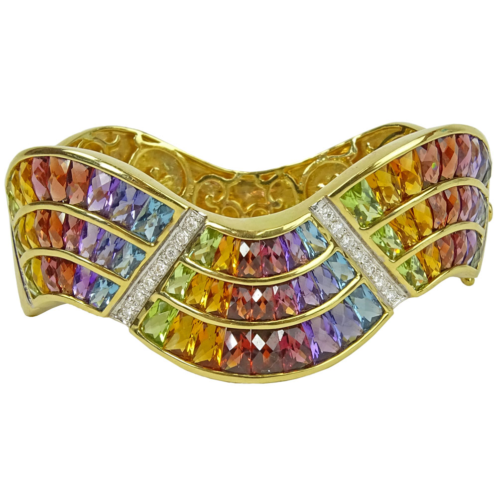 Heavy 18 Karat Yellow Gold, Rainbow Stone and Round Cut Diamond Cuff Bangle Bracelet.