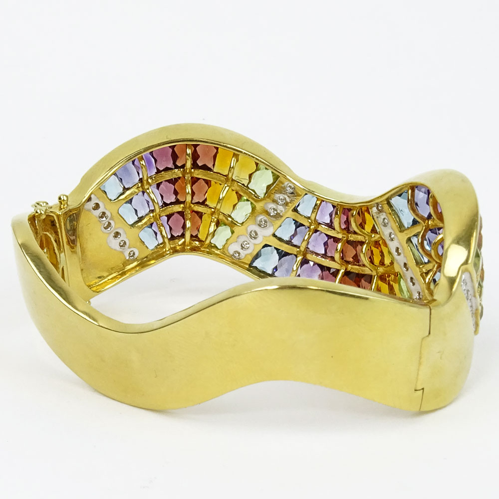 Heavy 18 Karat Yellow Gold, Rainbow Stone and Round Cut Diamond Cuff Bangle Bracelet.