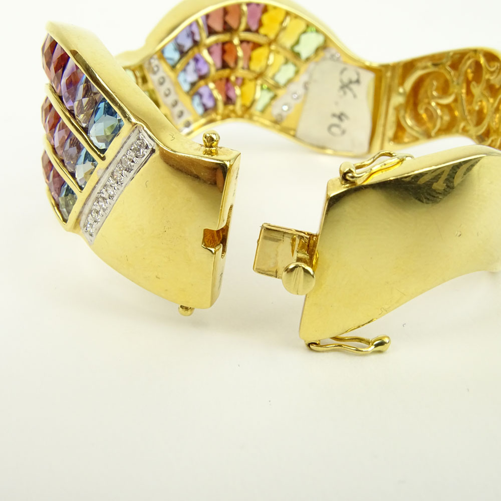 Heavy 18 Karat Yellow Gold, Rainbow Stone and Round Cut Diamond Cuff Bangle Bracelet.