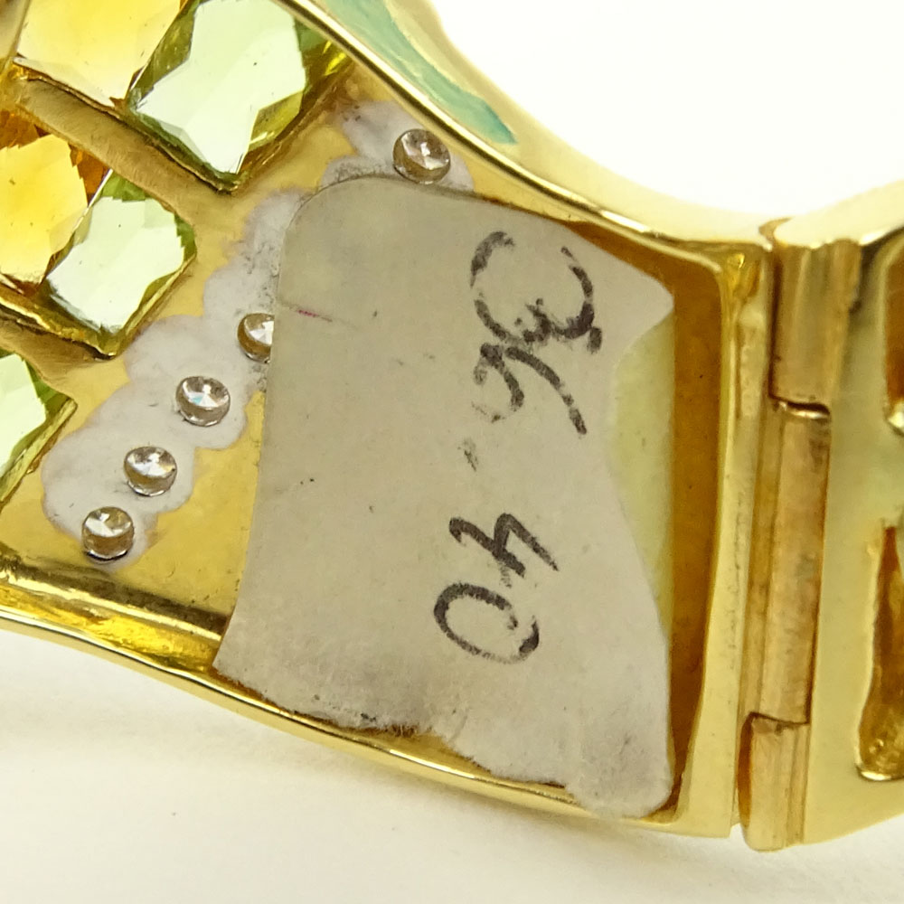 Heavy 18 Karat Yellow Gold, Rainbow Stone and Round Cut Diamond Cuff Bangle Bracelet.