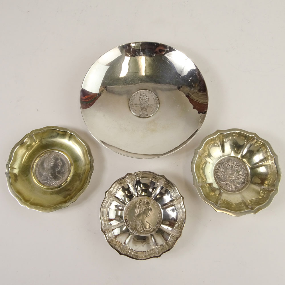 Lot of Four German 800, 835 Silver Coin Dishes. 