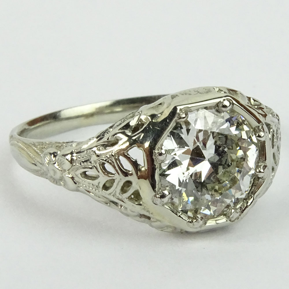 Antique Approx. 1.65 Carat Old European Cut Diamond and 18 Karat Filigree White Gold Engagement Ring.