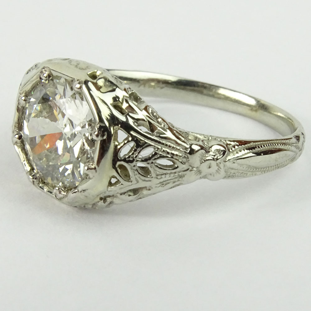 Antique Approx. 1.65 Carat Old European Cut Diamond and 18 Karat Filigree White Gold Engagement Ring.