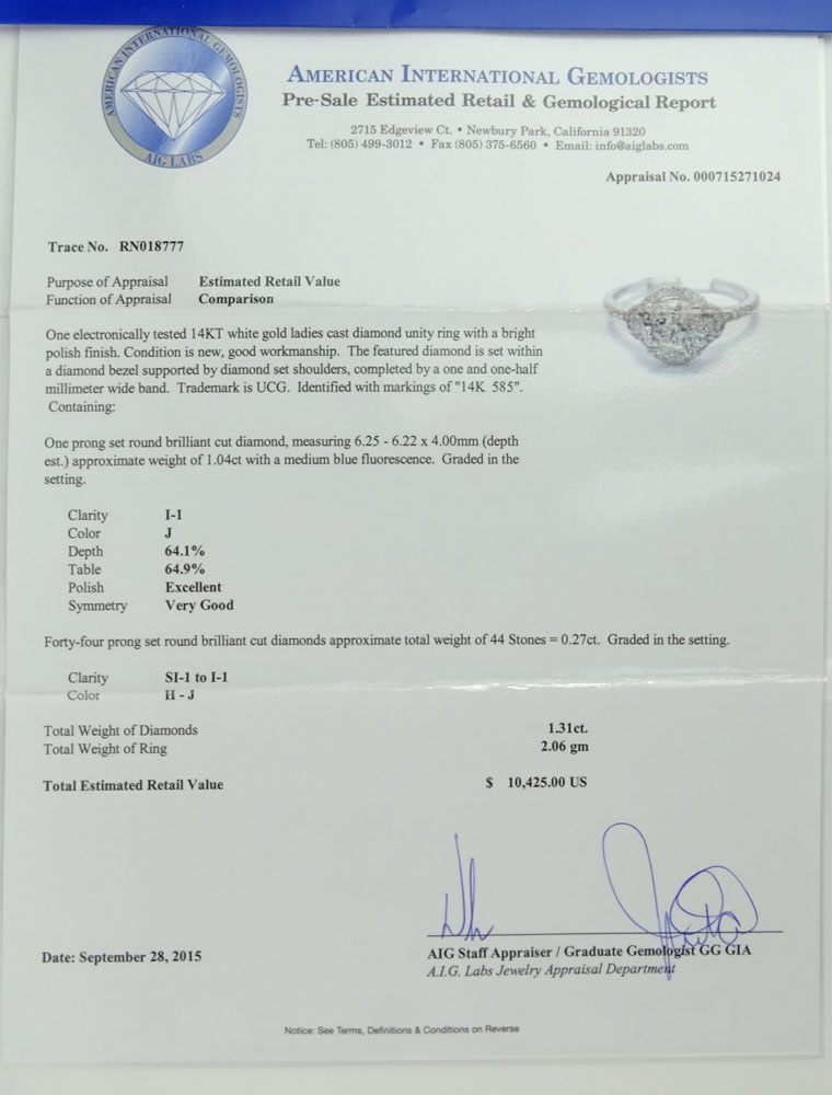 AIG Certified 1.04 Carat Round Brilliant Cut Diamond and 14 Karat White Gold Engagement Ring accented with .27 Carat Round Brilliant Cut Diamonds.