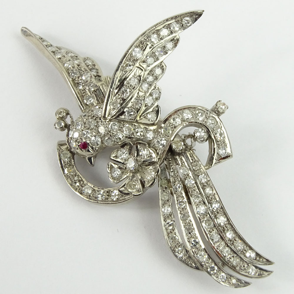 Antique Approx. 7.0 Carat Round Cut Diamond and Platinum Bird Brooch. Diamonds F-G color, VS-SI clarity. 