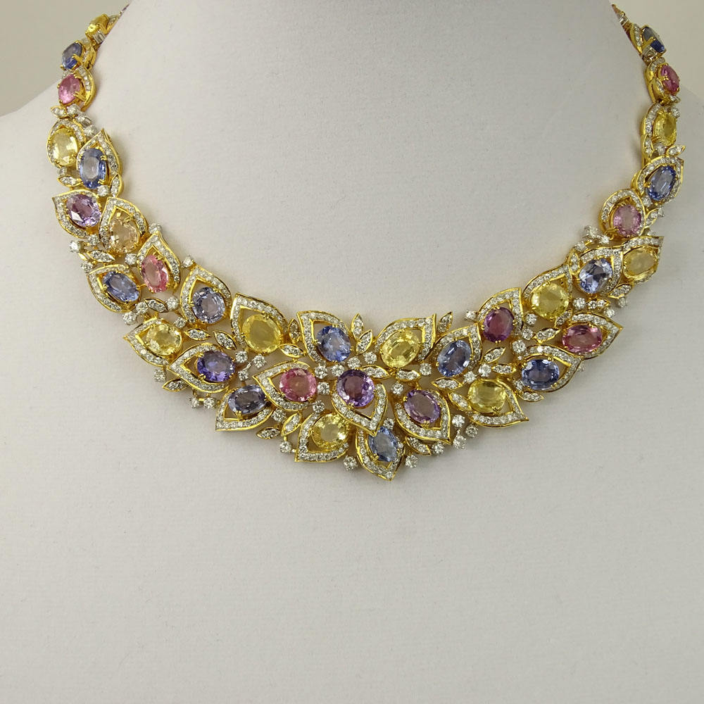 Modern 91.66 Carat Fancy Sapphire, 14.78 Fancy Diamond and 18 Karat Yellow and White Gold Necklace. 