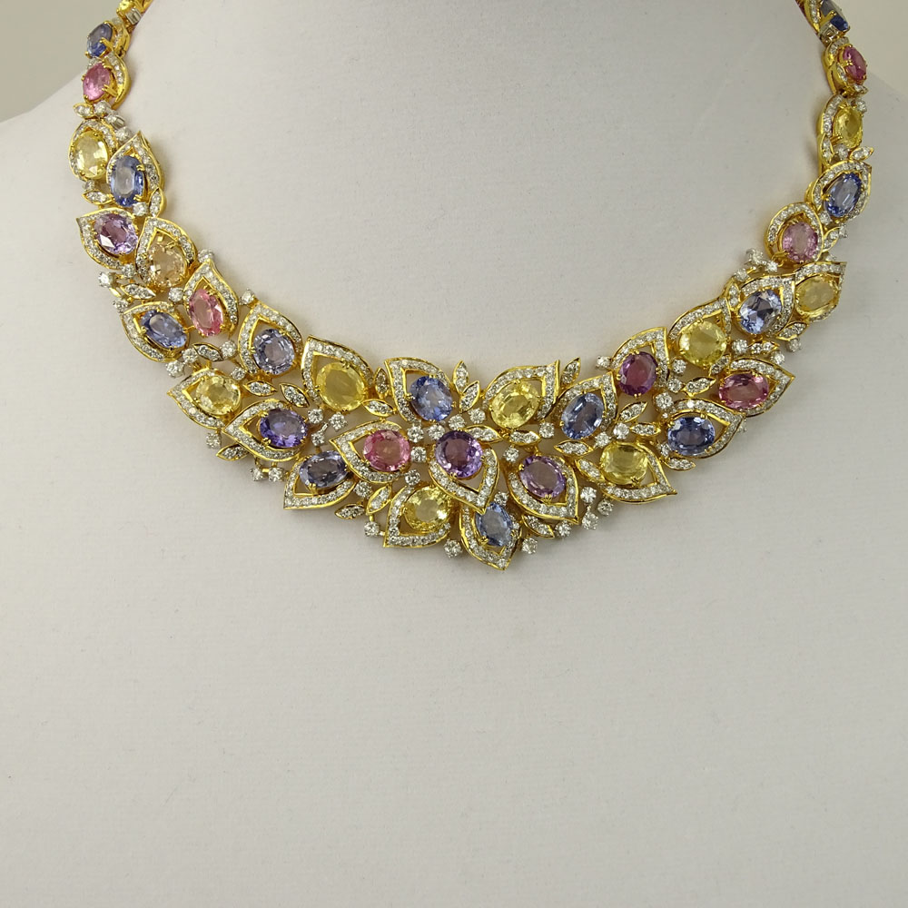 Modern 91.66 Carat Fancy Sapphire, 14.78 Fancy Diamond and 18 Karat Yellow and White Gold Necklace. 