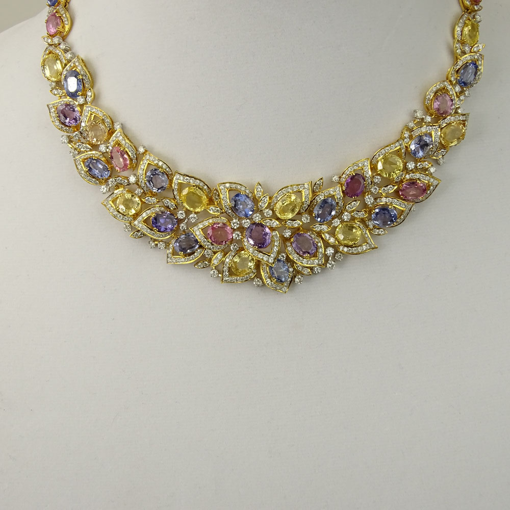 Modern 91.66 Carat Fancy Sapphire, 14.78 Fancy Diamond and 18 Karat Yellow and White Gold Necklace. 