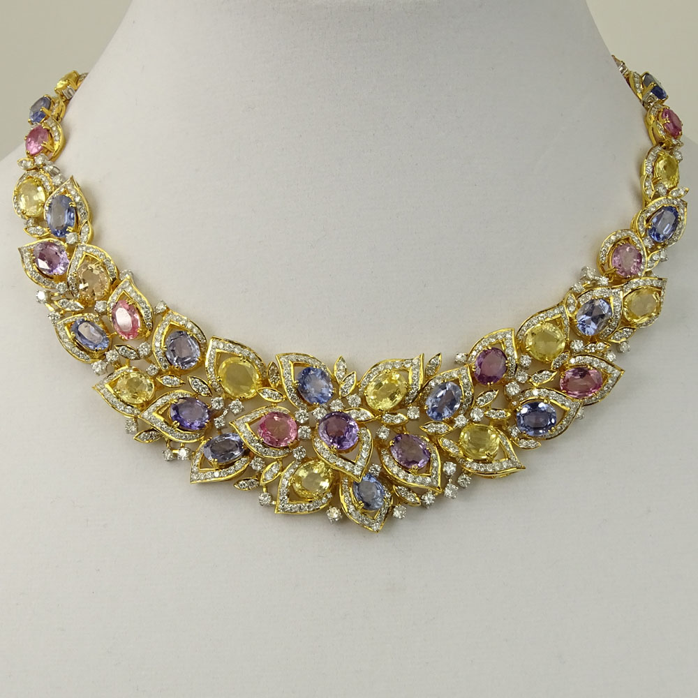 Modern 91.66 Carat Fancy Sapphire, 14.78 Fancy Diamond and 18 Karat Yellow and White Gold Necklace. 