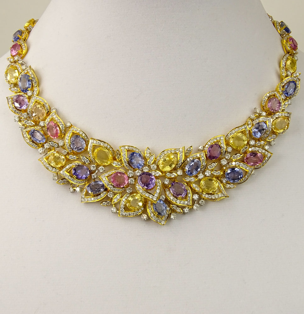 Modern 91.66 Carat Fancy Sapphire, 14.78 Fancy Diamond and 18 Karat Yellow and White Gold Necklace. 