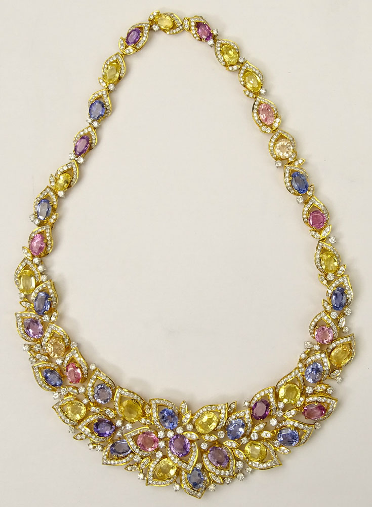 Modern 91.66 Carat Fancy Sapphire, 14.78 Fancy Diamond and 18 Karat Yellow and White Gold Necklace. 