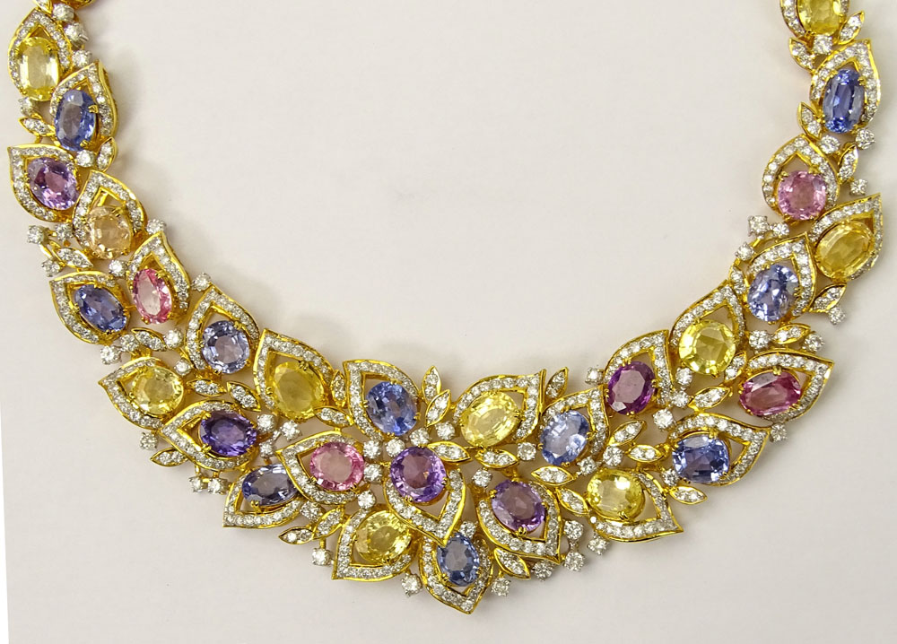 Modern 91.66 Carat Fancy Sapphire, 14.78 Fancy Diamond and 18 Karat Yellow and White Gold Necklace. 