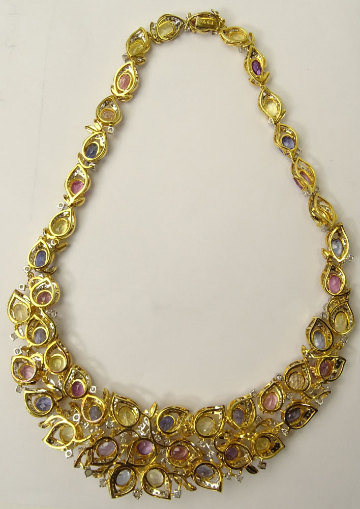 Modern 91.66 Carat Fancy Sapphire, 14.78 Fancy Diamond and 18 Karat Yellow and White Gold Necklace. 