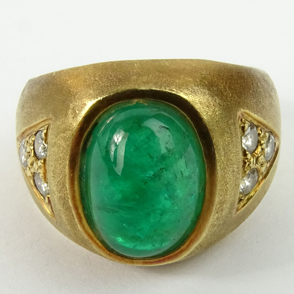Men's Vintage Cabochon Emerald, Round Cut Diamond and 18 Karat Yellow Gold Ring.