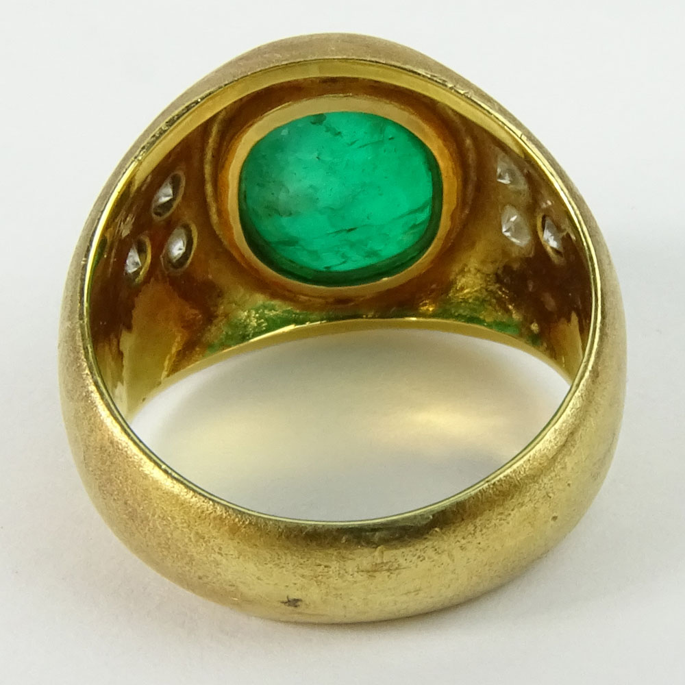 Men's Vintage Cabochon Emerald, Round Cut Diamond and 18 Karat Yellow Gold Ring.