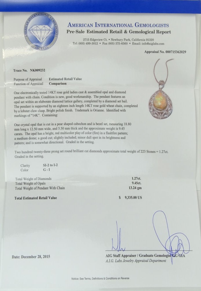 AIG Certified 9.45 Carat Pear Shape Opal, 1.27 Carat Round Cut Diamond and 14 Karat Rose Gold Pendant Necklace. 