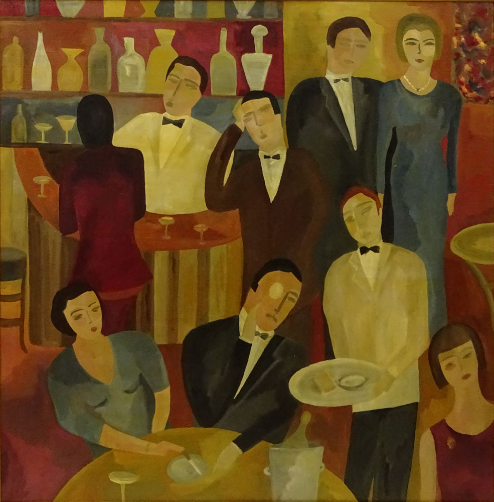 Large Mid-20th Century Cubist Figurative Oil on Canvas "A Night Out" Signed Dumas. 