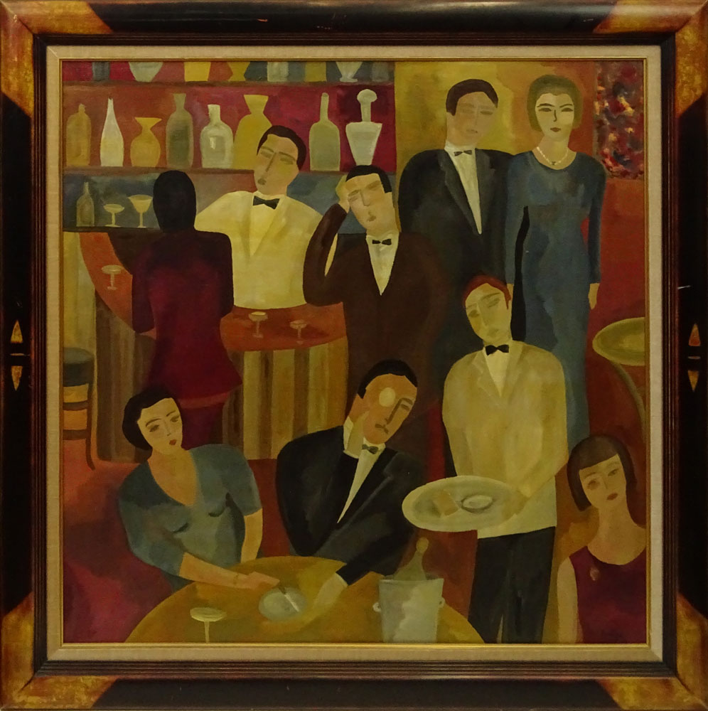 Large Mid-20th Century Cubist Figurative Oil on Canvas "A Night Out" Signed Dumas. 