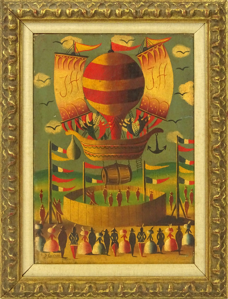 Jean Carrau, French (?-1996) Oil on canvas, "Balloon Launch" Signed lower left.