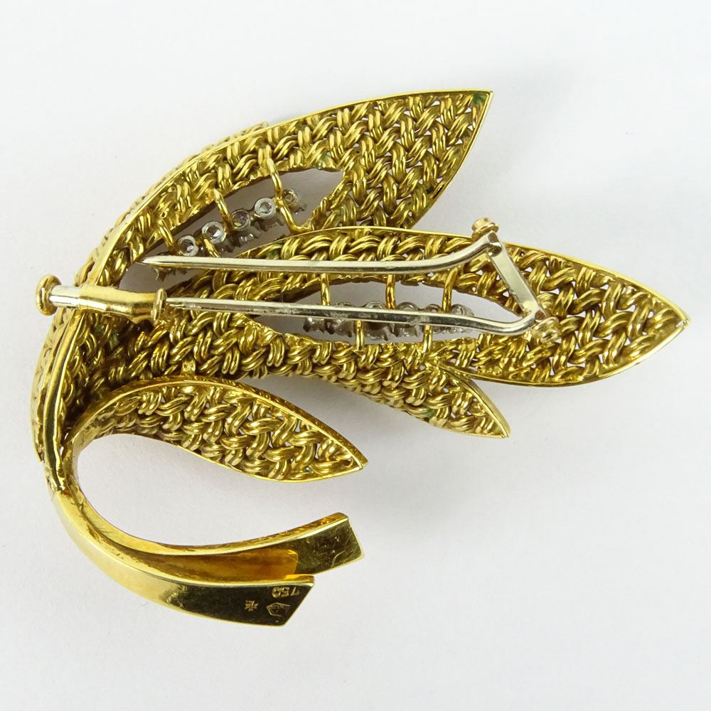 Vintage 18 Karat Yellow Gold and Round Cut Diamond Leaf Brooch ...