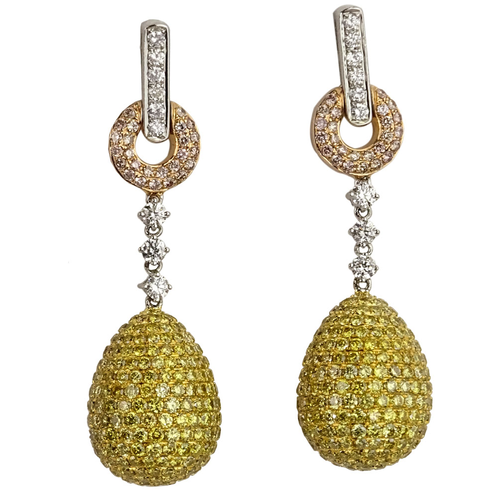 Pair of Diamond and 18 Karat Tri Color Gold Drop Earrings with Approx. 9.0 Carat Round Cut Yellow Diamond, .80 Carat Round Cut White Diamond and .50 Carat Round Cut Pink Diamond.