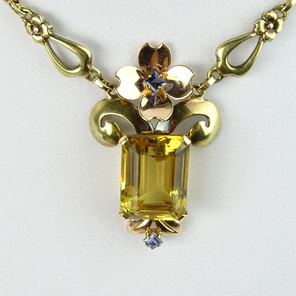 Lady's Vintage 14 Karat Yellow and Rose Gold Necklace with Emerald Cut Citrine and accented with small square cut sapphires.