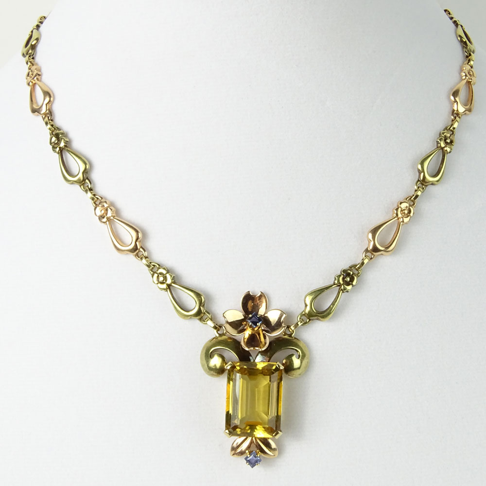 Lady's Vintage 14 Karat Yellow and Rose Gold Necklace with Emerald Cut Citrine and accented with small square cut sapphires.