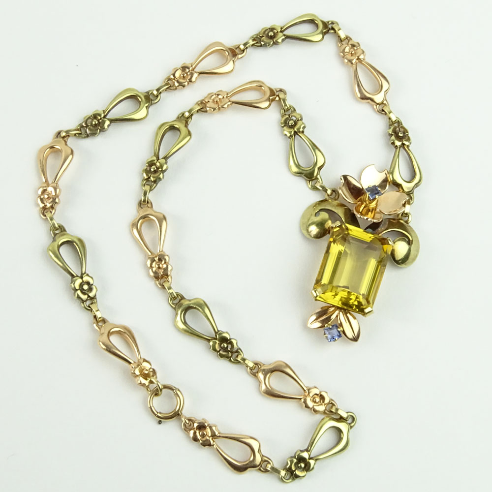 Lady's Vintage 14 Karat Yellow and Rose Gold Necklace with Emerald Cut Citrine and accented with small square cut sapphires.