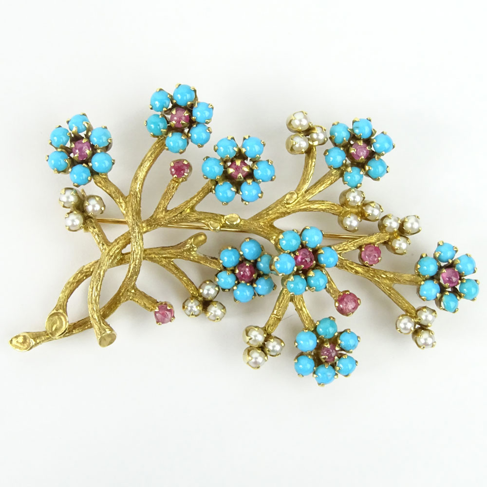 Vintage 18 Karat Yellow Gold, Turquoise, Cabochon Ruby and Pearl Flower Flowering Branch Brooch. 