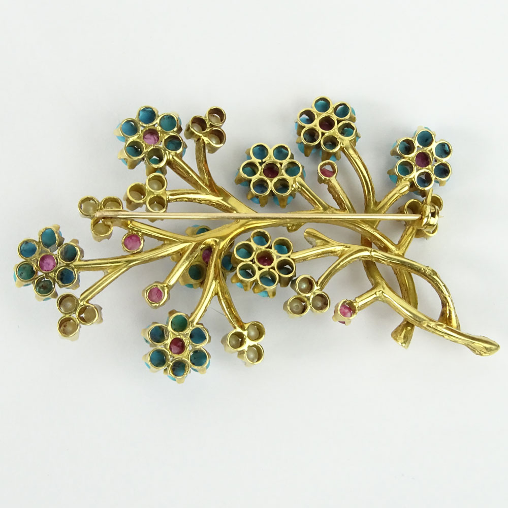 Vintage 18 Karat Yellow Gold, Turquoise, Cabochon Ruby and Pearl Flower Flowering Branch Brooch. 