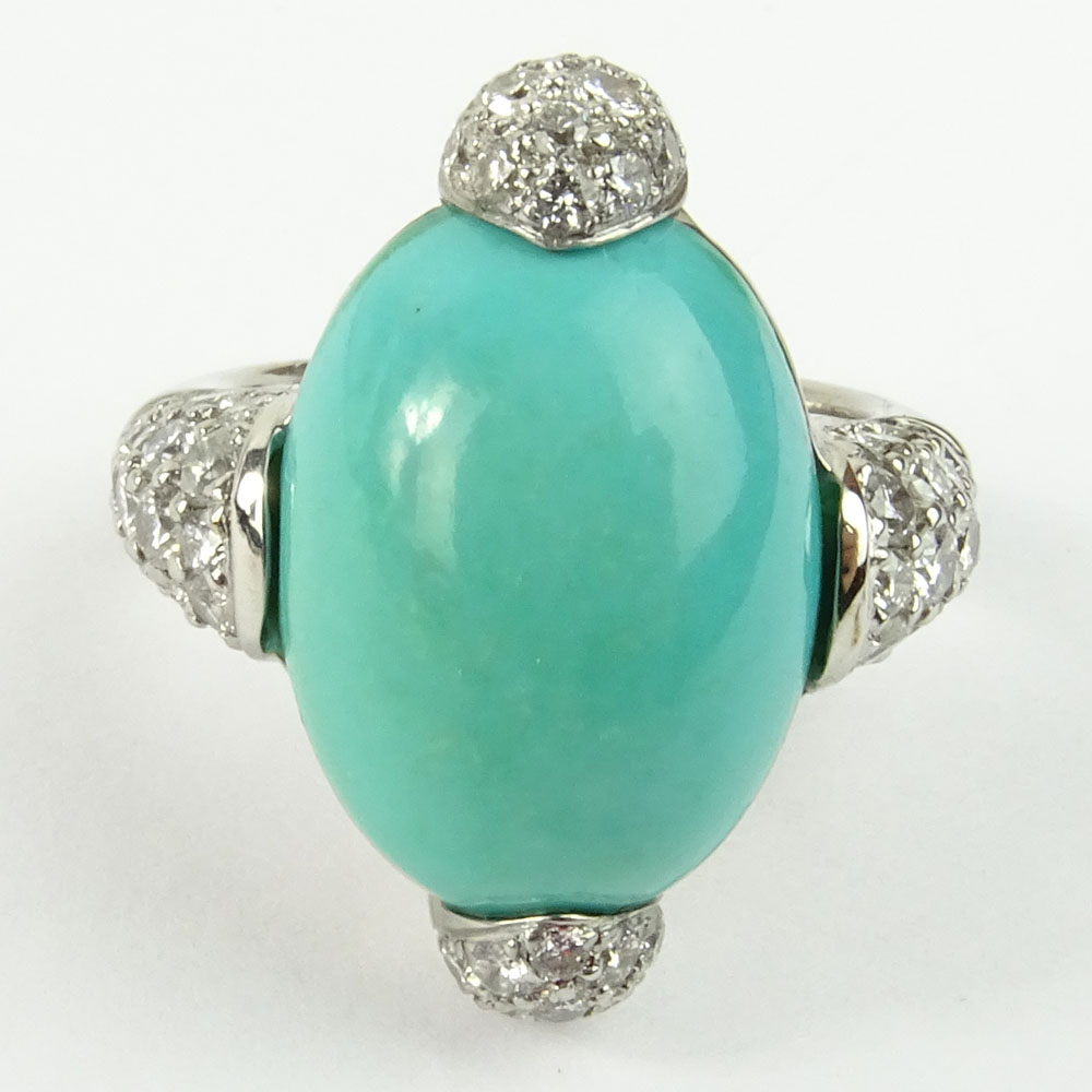 Lady's Fine Quality Round Cut Diamond, Turquoise and 18 Karat White Gold Ring. 