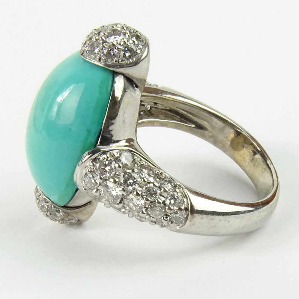 Lady's Fine Quality Round Cut Diamond, Turquoise and 18 Karat White Gold Ring. 