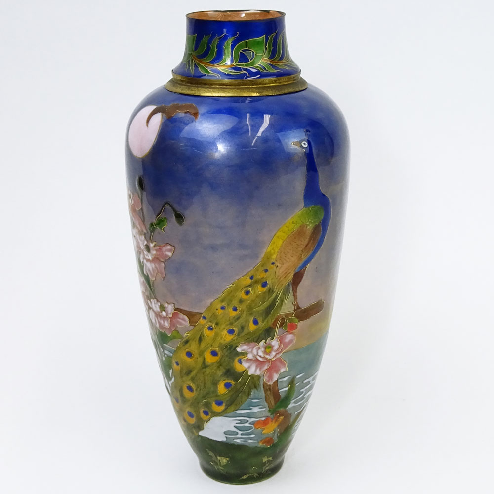 Vintage French Enamel Vase. Depicting a peacock motif. Unsigned.