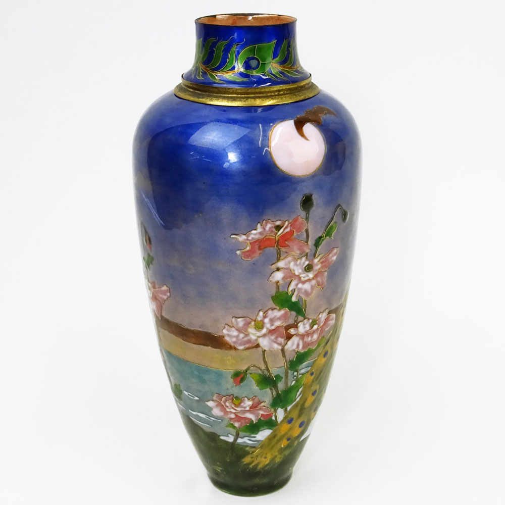 Vintage French Enamel Vase. Depicting a peacock motif. Unsigned.