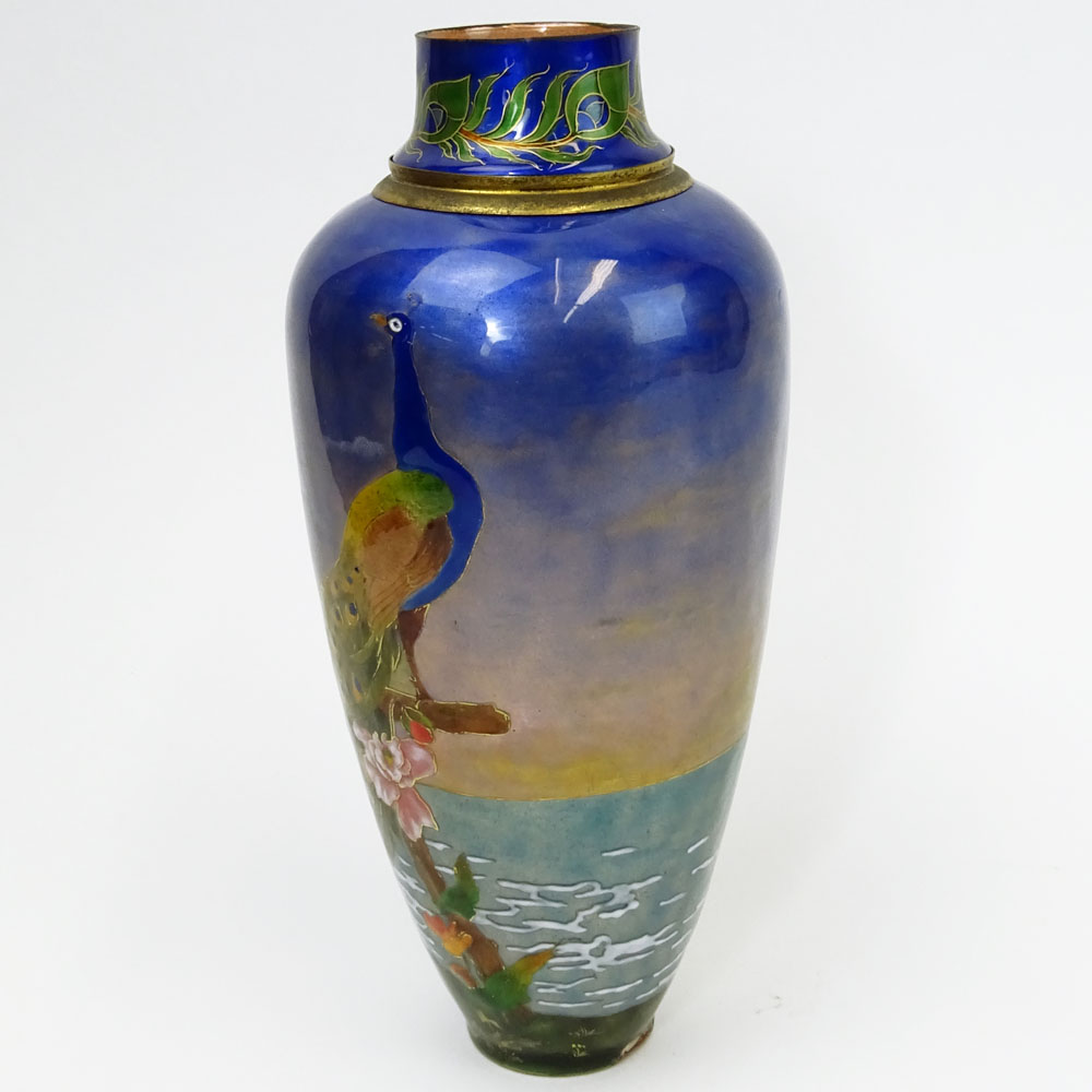 Vintage French Enamel Vase. Depicting a peacock motif. Unsigned.