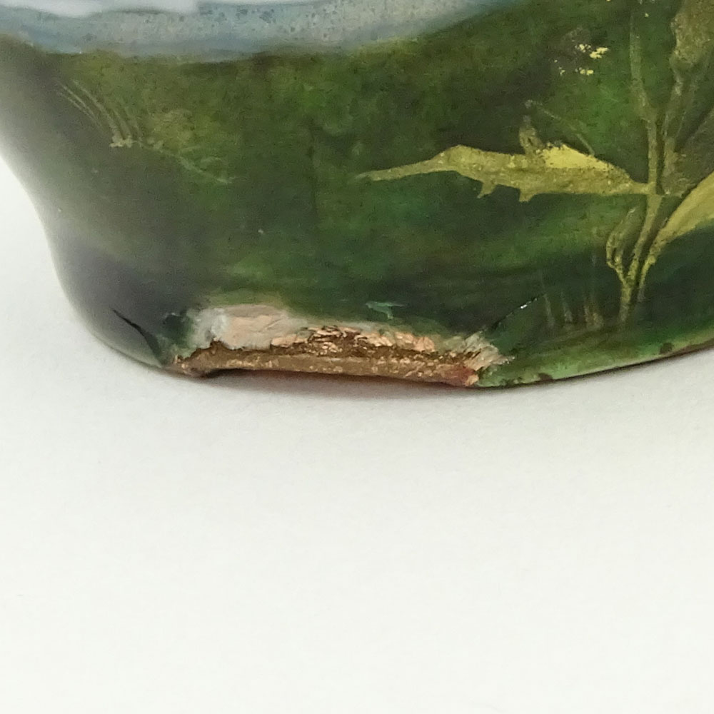 Vintage French Enamel Vase. Depicting a peacock motif. Unsigned.