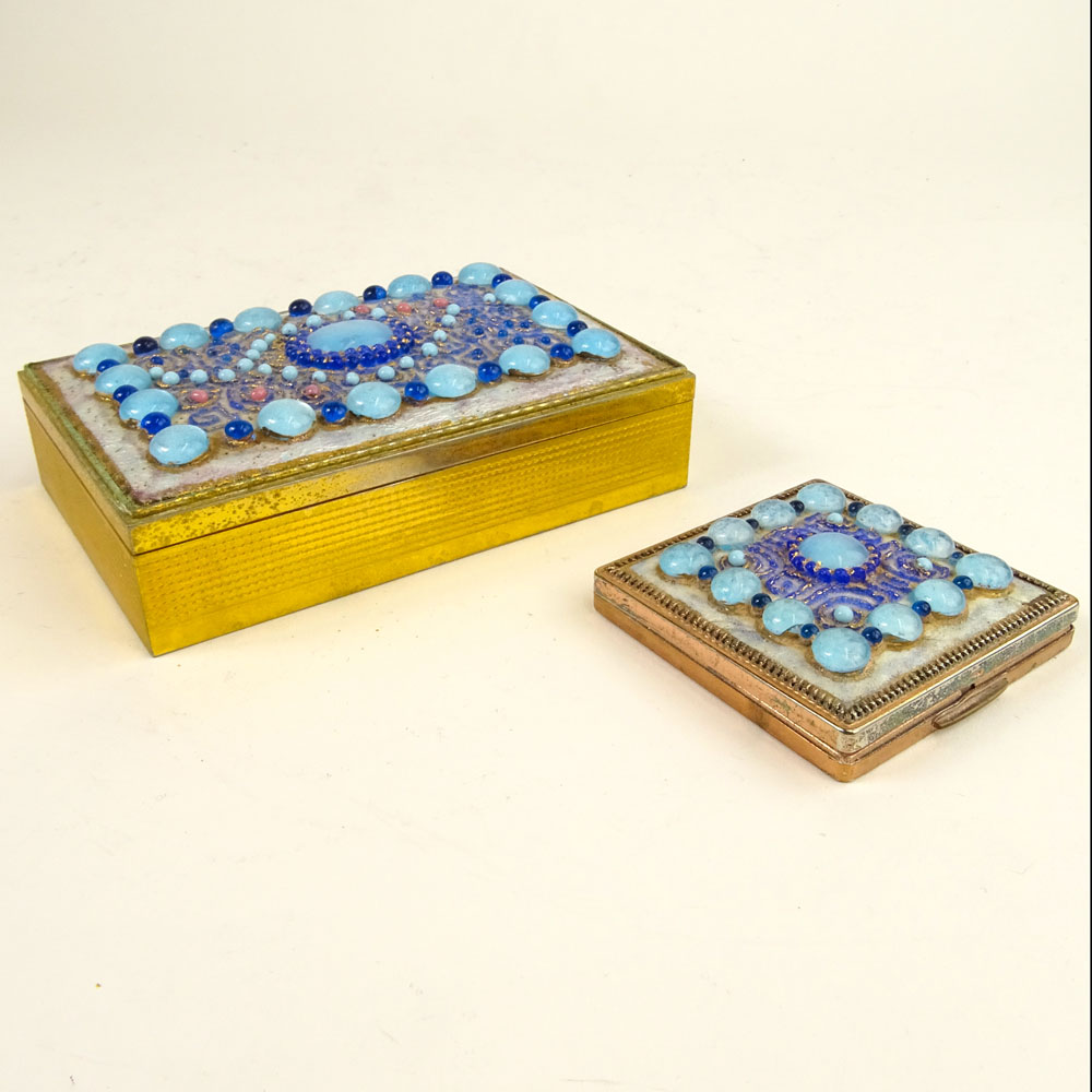 Limoges Style Enameled Box and Compact. Unsigned. Wear.