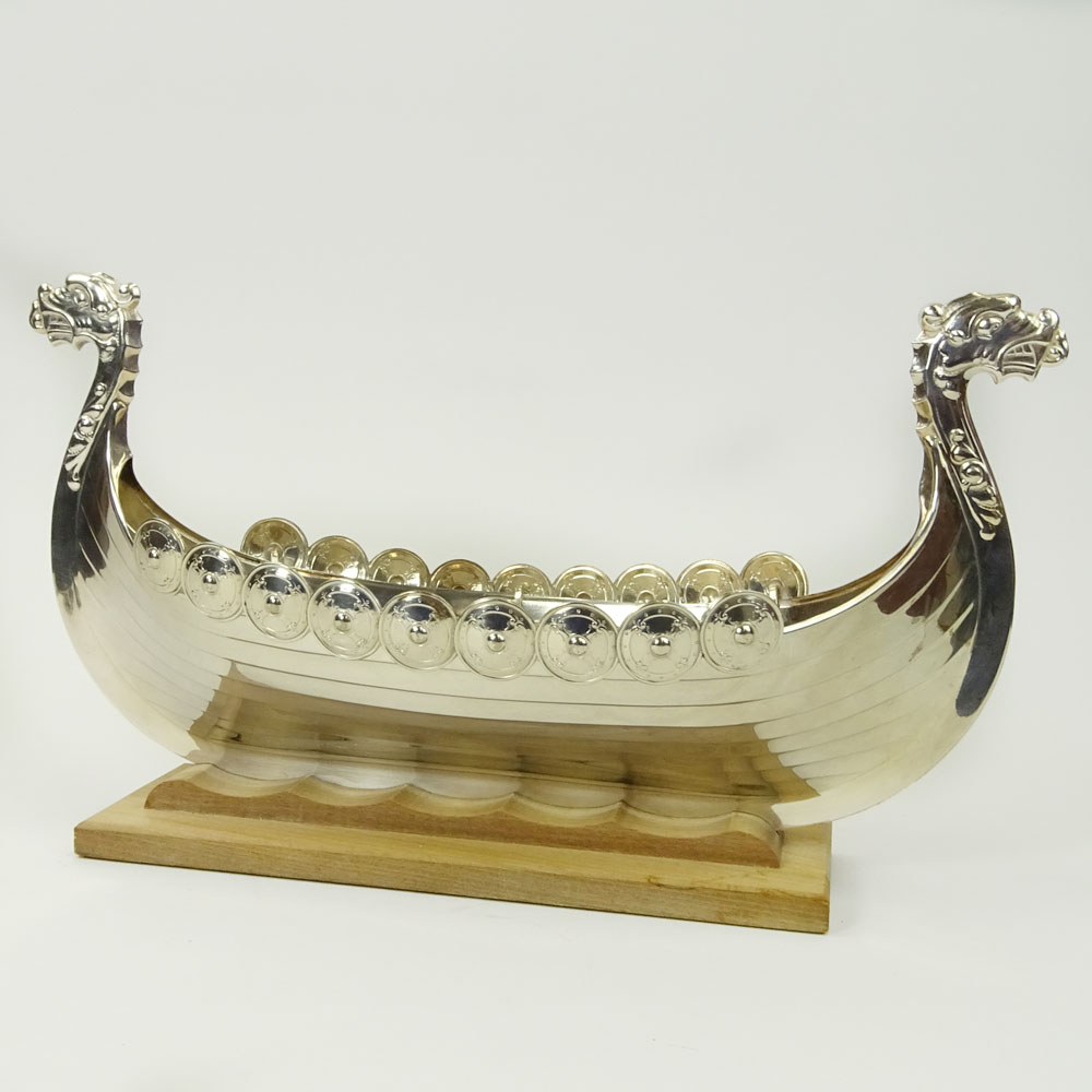 Vintage Norwegian Sterling Silver Viking Ship on Wood Stand.