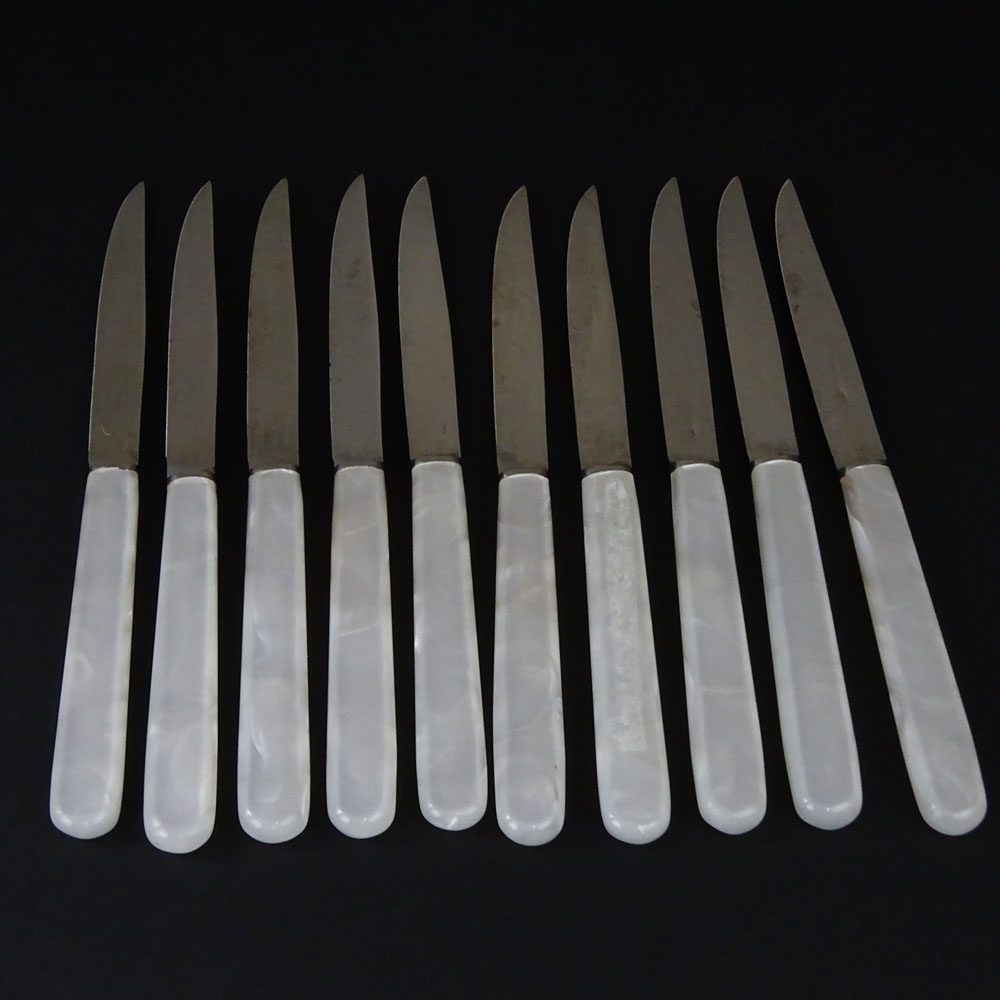 Set of 10 Birks Mother of Pearl Handled Fruit Knives with stainless blades.