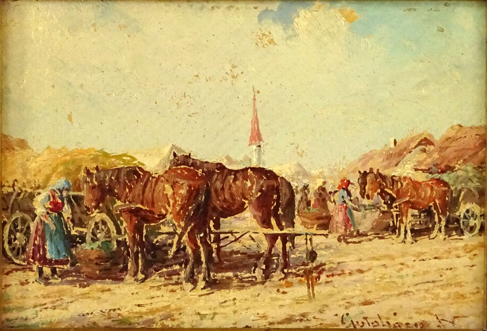 Early 20th Century Hungarian School Oil on Board "Harvest" Signed lower left. 