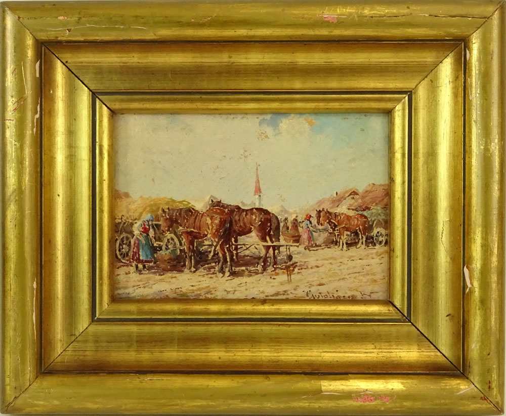 Early 20th Century Hungarian School Oil on Board "Harvest" Signed lower left. 
