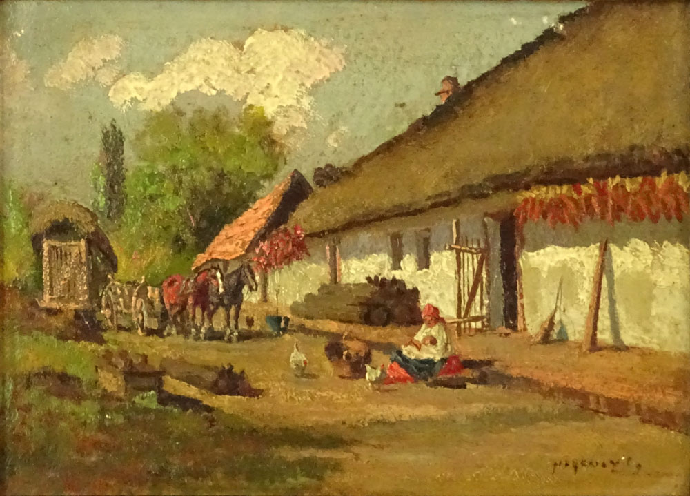 Early 20th Century Hungarian School Oil on Board "Village Scene"