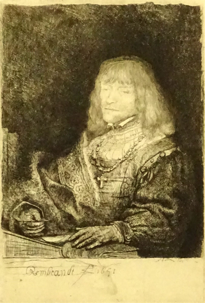 after: Rembrandt van Rijn, Dutch (1606-1669) Re-Strike etching. "Man at a Desk"