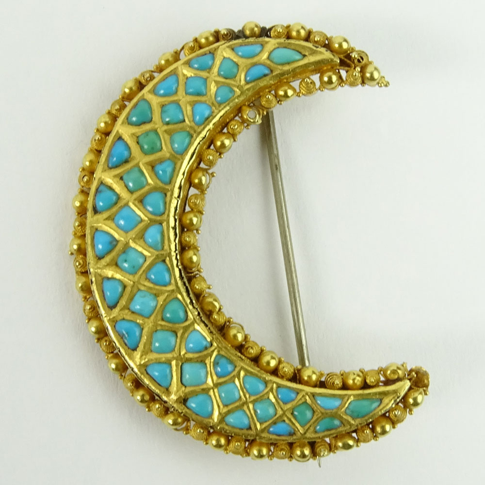 Vintage 14 Karat Yellow Gold and Turquoise Crescent Moon Brooch.