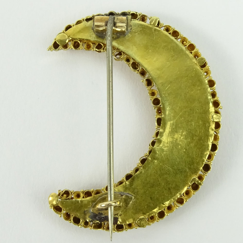 Vintage 14 Karat Yellow Gold and Turquoise Crescent Moon Brooch.