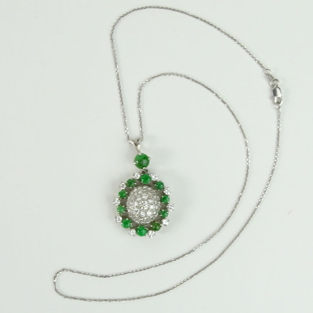 Lady's Round Cut Diamond, Jade and 18 Karat White Gold Pendant with 14 Karat White Gold Chain