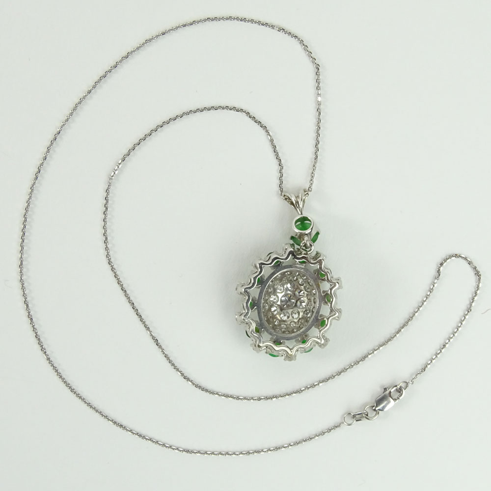 Lady's Round Cut Diamond, Jade and 18 Karat White Gold Pendant with 14 Karat White Gold Chain