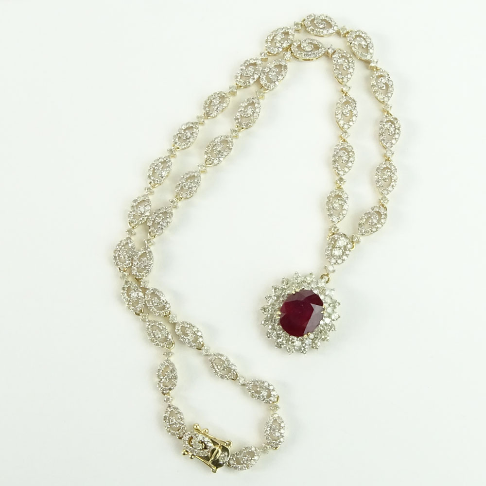 AIG Certified 6.96 Carat Oval Cut Ruby, 9.95 Carat Round Cut Diamond and 14 Karat Yellow Gold Necklace. 