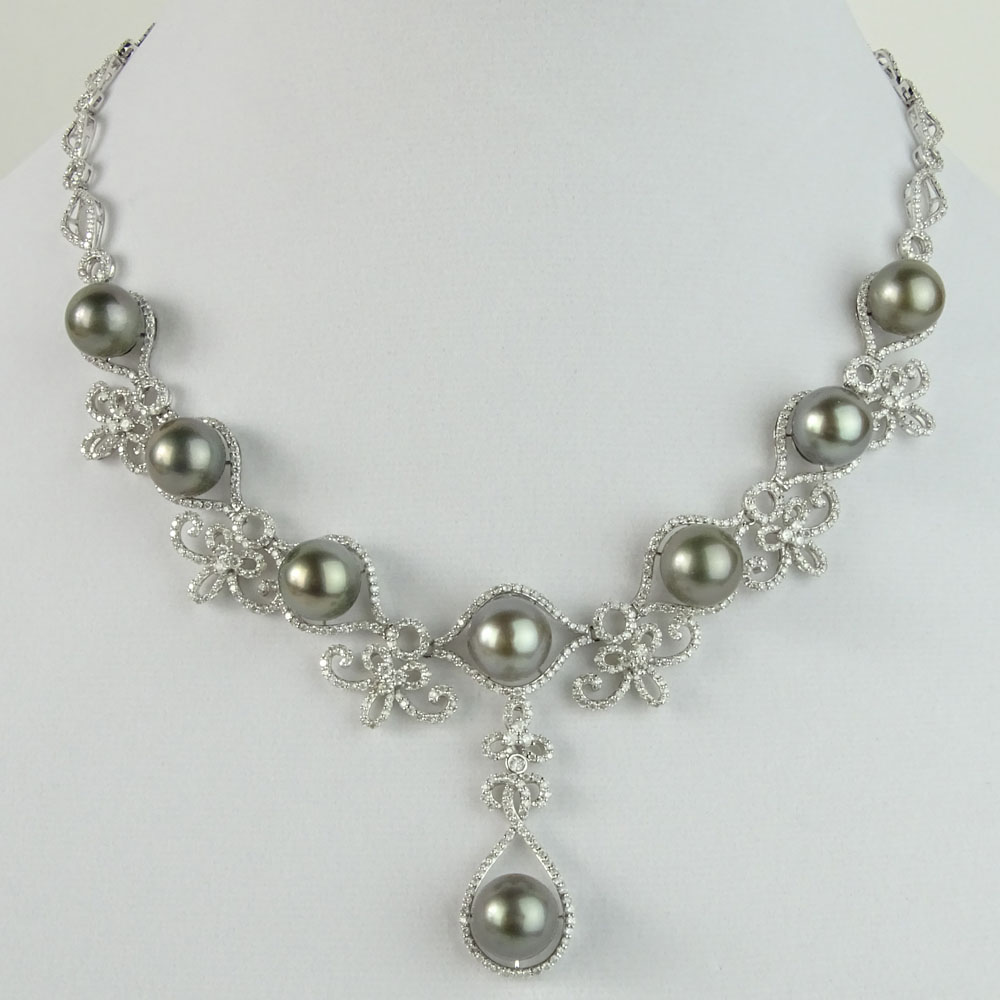 Tahitian Black Pearl, 9.48 Carat Round Cut Diamond and 14 Karat White Gold Necklace. 
