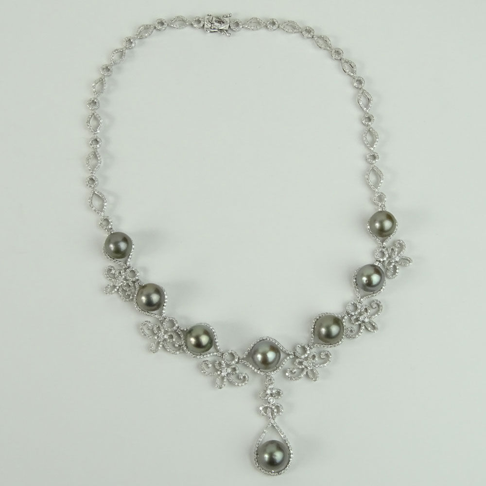 Tahitian Black Pearl, 9.48 Carat Round Cut Diamond and 14 Karat White Gold Necklace. 